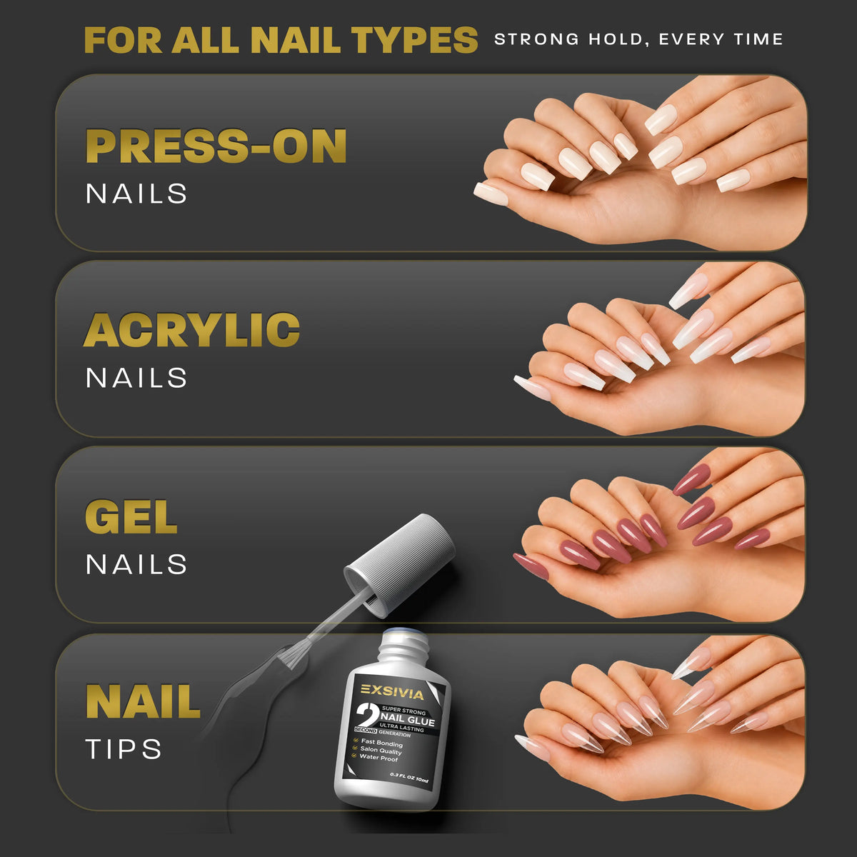 Exsivia 2Nd Gen Strong Hold 10Ml Nail Glue - Salon Quality, Extra Strength for Acrylic, Press-On, Fake Nails and for All Kind of Nails