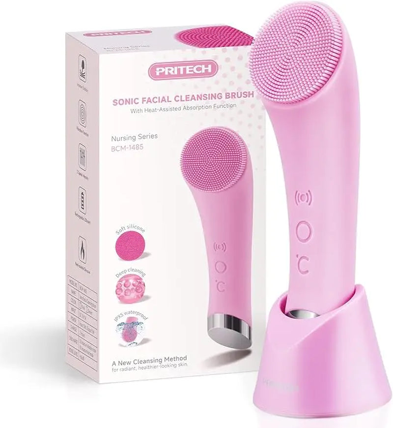 Facial Cleansing Brush, PRITECH Heatable Vibrating Face Scrubber with Massage, Silicone Face Scrubber for Women & Men, Electric Facial Cleanser for Deep Cleansing, Gentle Exfoliating (Pink)