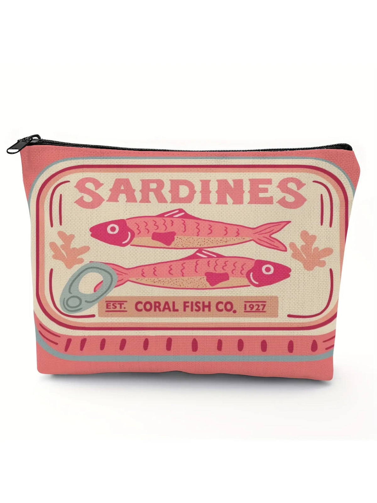 Vintage Sardine Pattern Makeup Bag, Cosmetic Bag, Foldable Zipper Pouch, Unisex Travel Organizer, Gift for All Occasions, Cartoon Design
