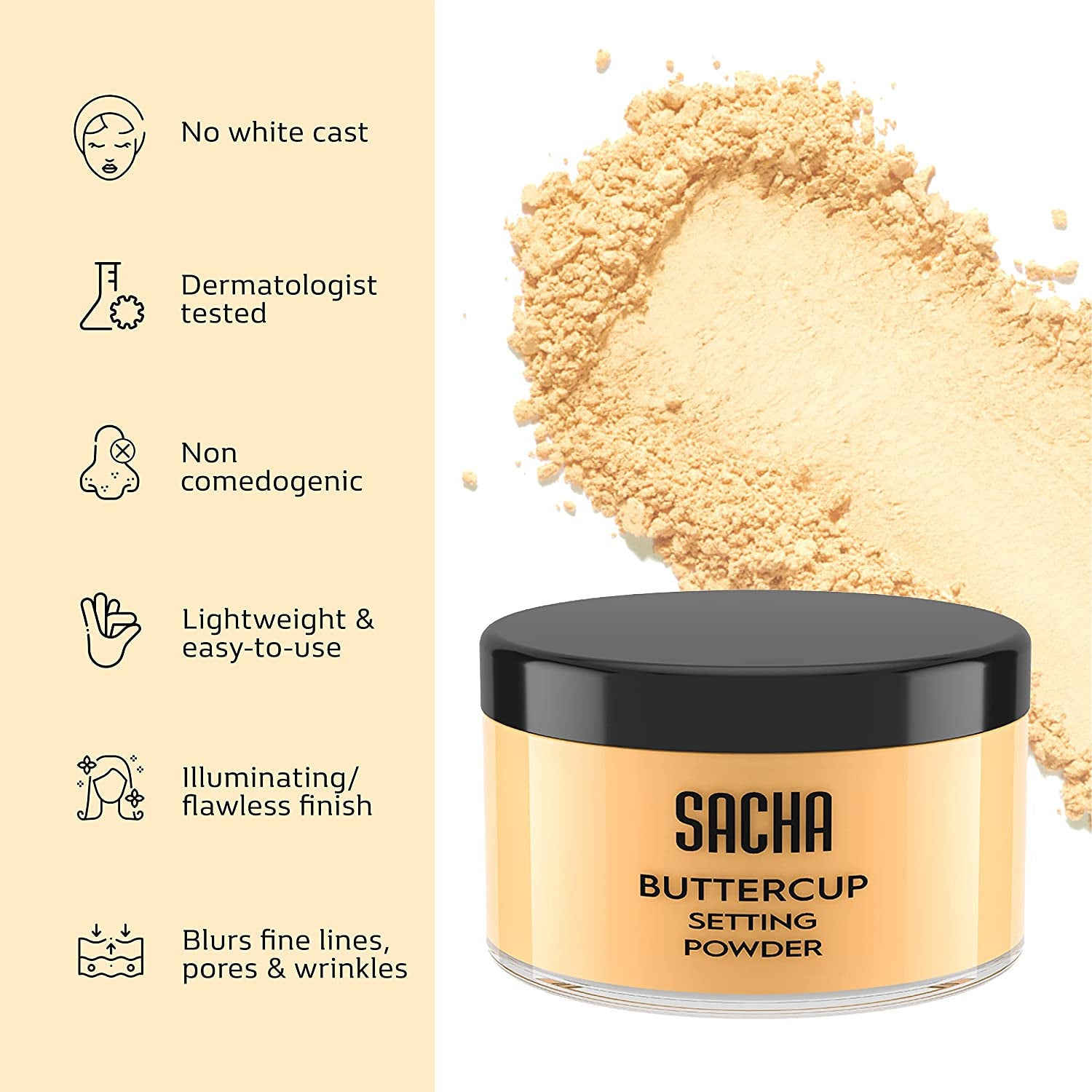 Sacha Buttercup Setting Powder for Medium to Deep Skin Tones – Translucent Loose Face Powder, Flashback-Resistant, Oil Control, Long-Wear Matte Finish (1.75 Oz)