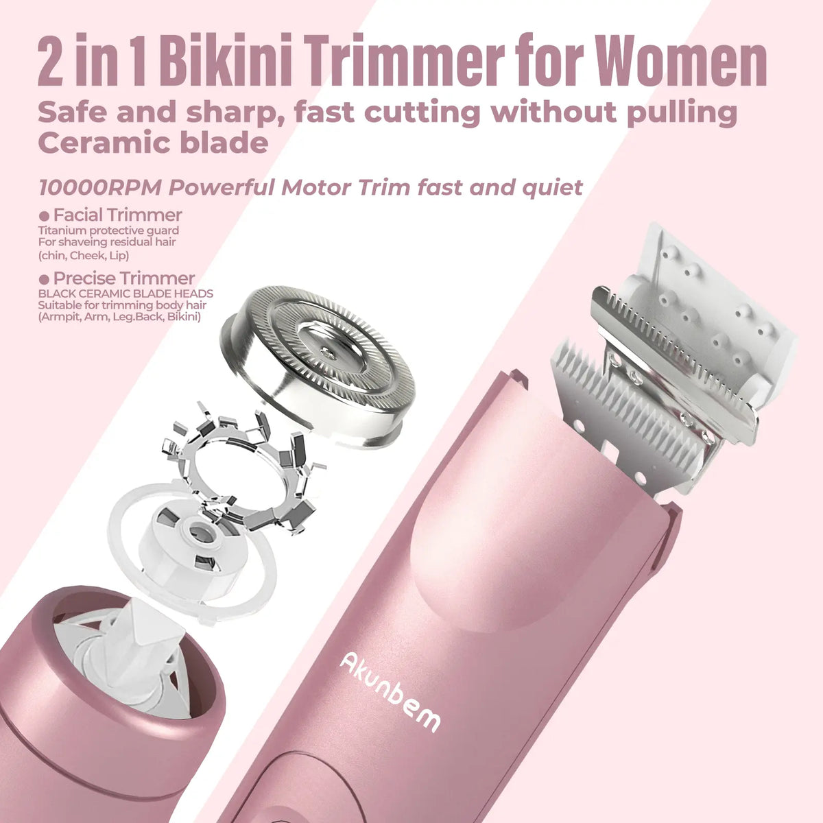 Akunbem Bikini Trimmer for Women, Electric Shaver and Razor Rechargeable 2-In-1 Body and Facial Epilator, Dual Heads for Painless Trimming of Pubic Hair, Face, Underarms and Legs, IPX7 Waterproof. Christmas Gift New Year Gift Shaving Grooming Tiktokshopba