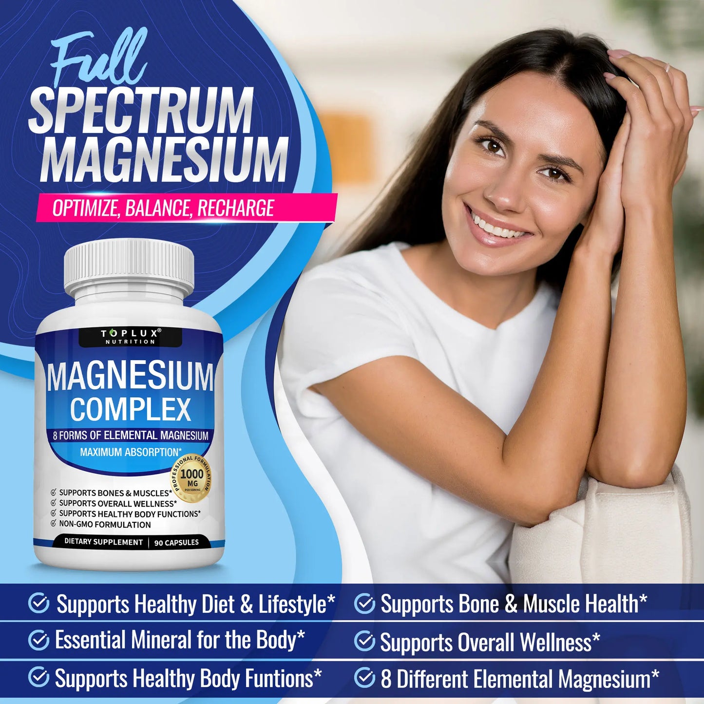 Experience Optimal Wellness with Toplux Magnesium Complex - The Essential 8-in-1 Magnesium Supplement for Restful Sleep and Muscle Support
