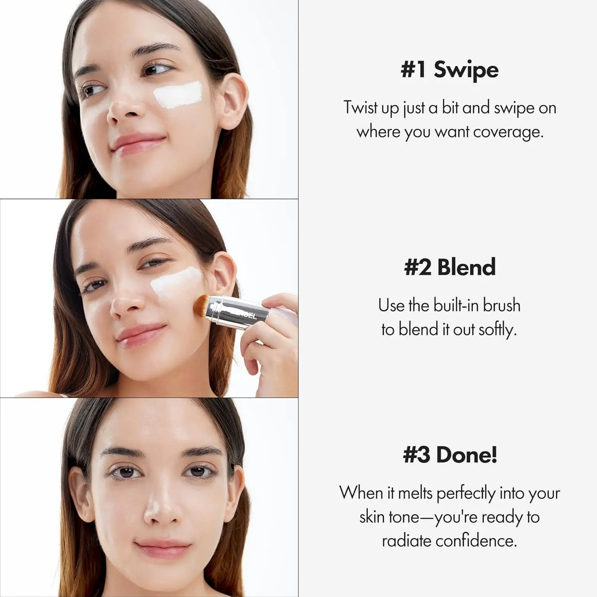 [ELROEL Official Store] ELROEL Blanc Cover Cream Stick V White - Korean Color-Changing Foundation Stick with Volufiline - Medium to Full Coverage Dewy Finish Base Makeup - Dual-Ended with Detachable Brush (13G, 0.04 Oz)