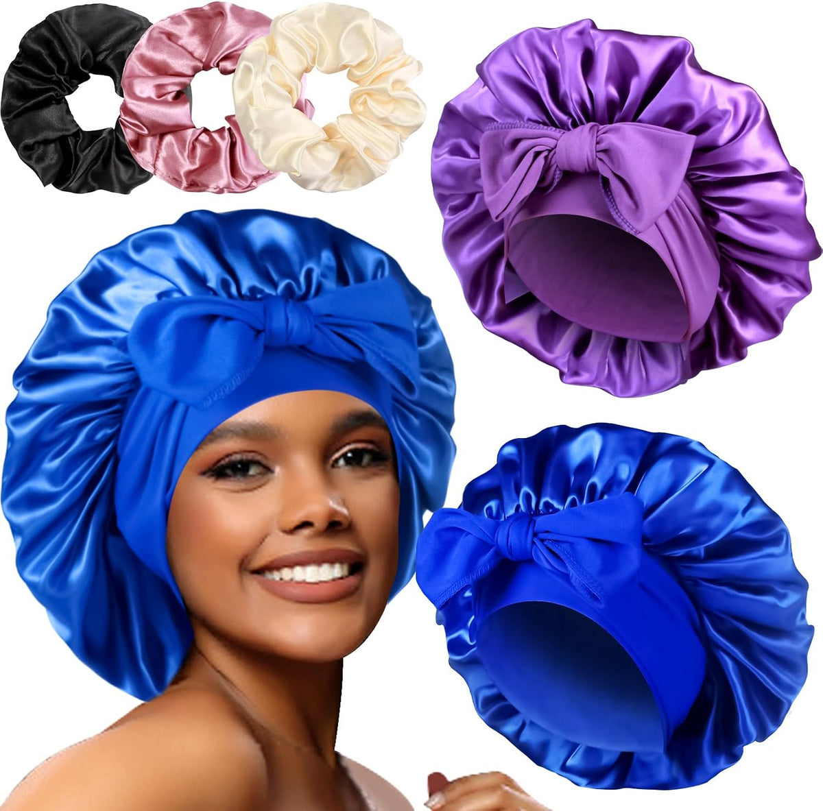 Luxurious Large Satin Bonnets & Stylish Scrunchies Set - The Perfect Hair Care Solution for Braids and Curls
