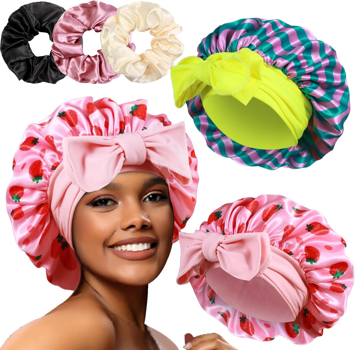 Luxurious Large Satin Bonnets & Stylish Scrunchies Set - The Perfect Hair Care Solution for Braids and Curls