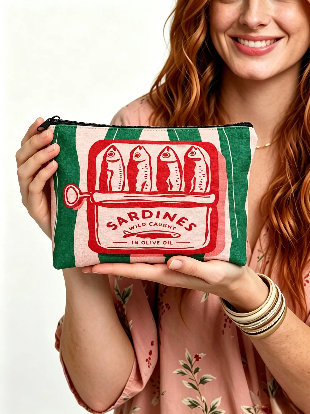 Vintage Sardine Pattern Makeup Bag, Cosmetic Bag, Foldable Zipper Pouch, Unisex Travel Organizer, Gift for All Occasions, Cartoon Design