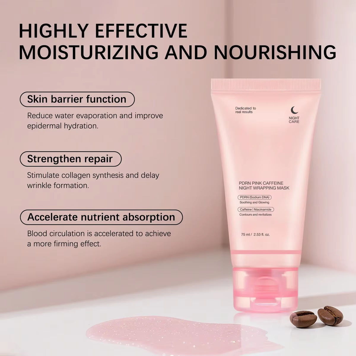 PDRN Pink Caffeine Night Wrapping Mask Hydrolyzed Collagen Overnight Facial Peel-Off Mask Hydrating Firming Moisturizing Care
