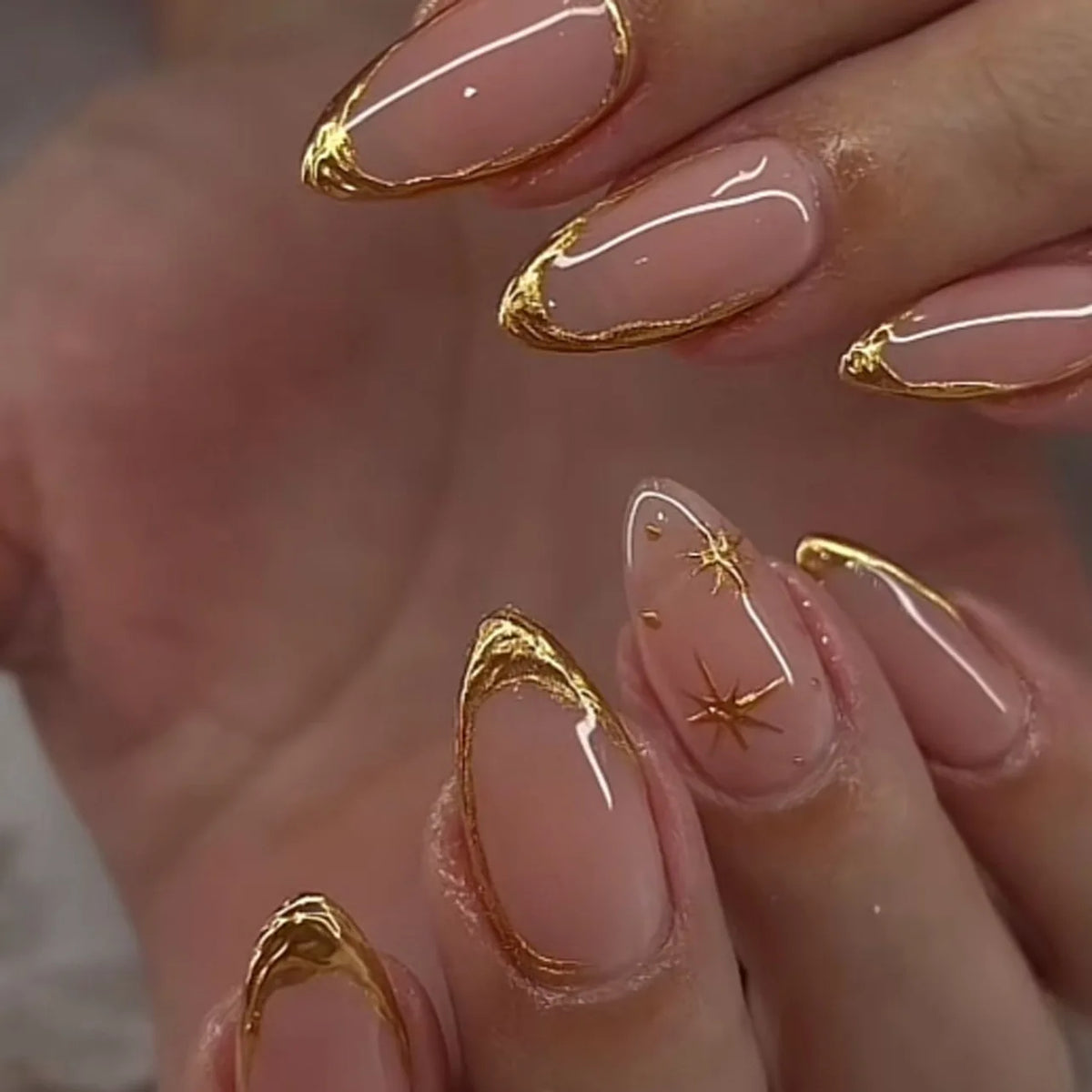 24Pcs Glamorous French Almond Fake Nails with Gold Edge Glitter - Stunning Swirl Metal Nail Art for Effortless Elegance