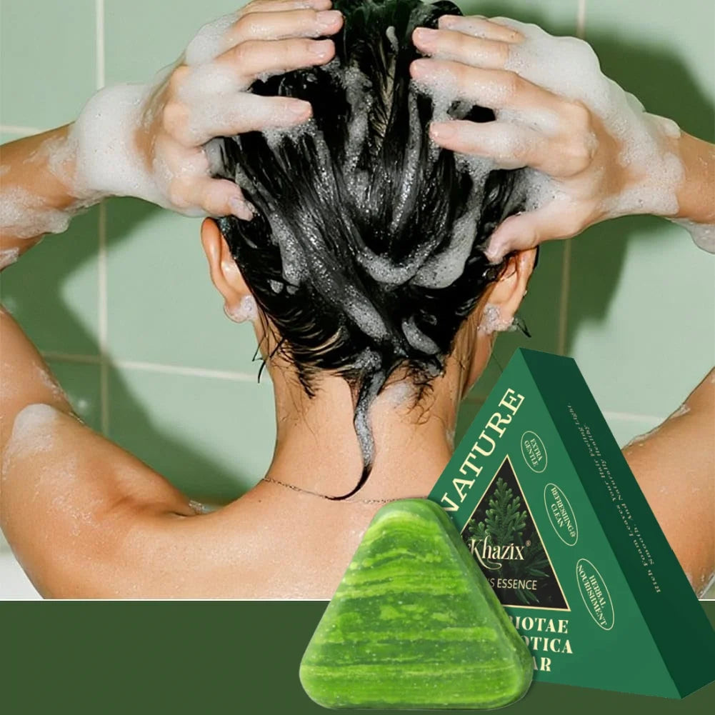 Experience Luxurious Hair Care with Our Green Triangle Soap Shampoo Bar - Infused with Natural Usman Grass and Cypress Leaf for a Calming Touch