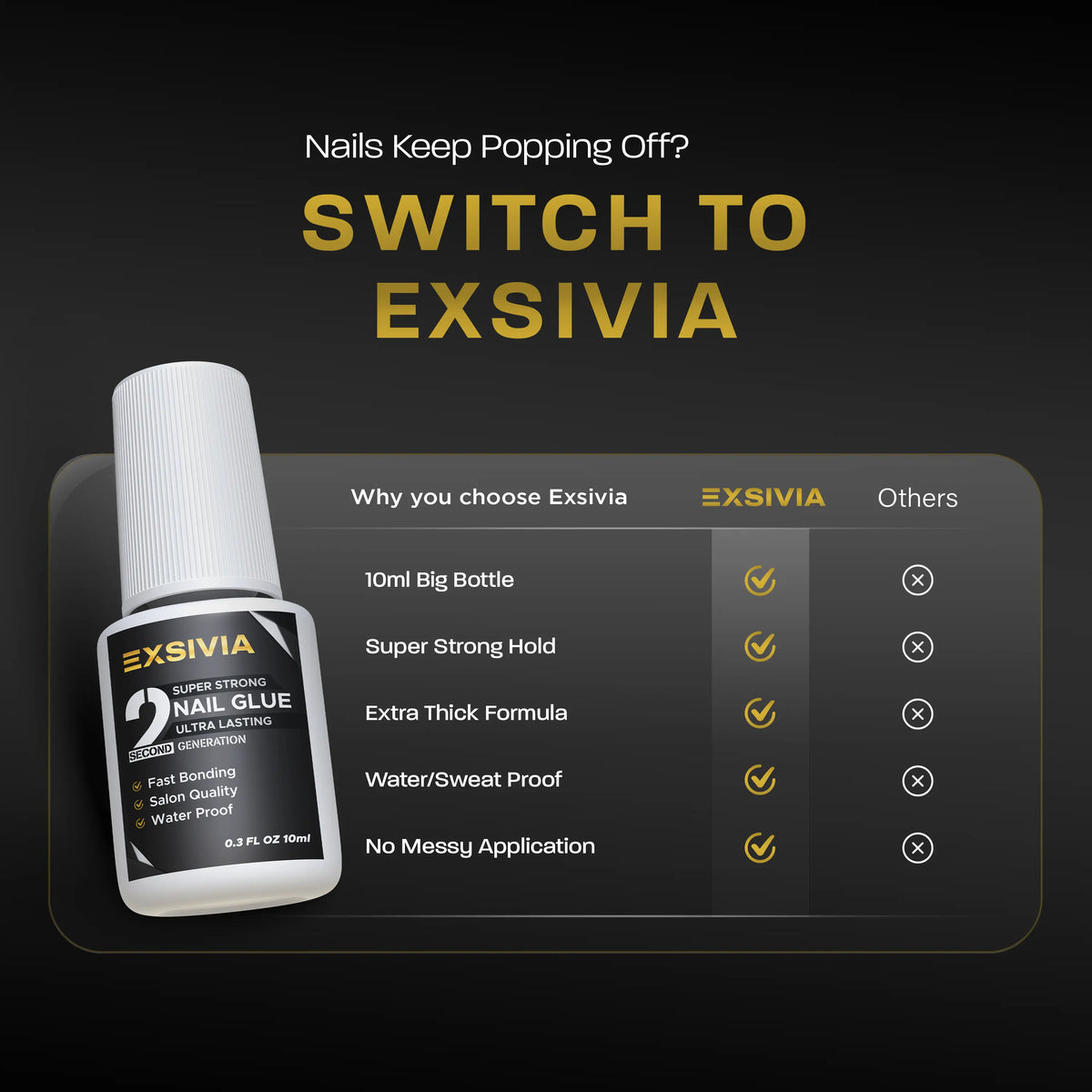 Exsivia 2Nd Gen Strong Hold 10Ml Nail Glue - Salon Quality, Extra Strength for Acrylic, Press-On, Fake Nails and for All Kind of Nails