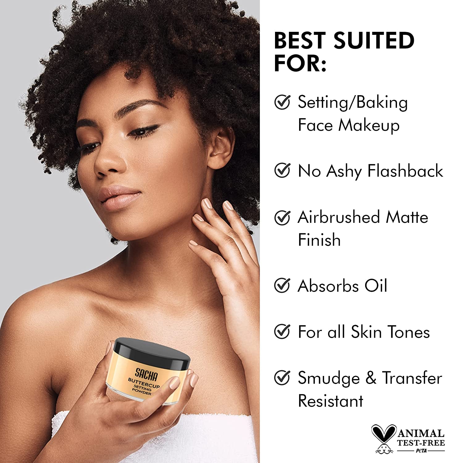 Sacha Buttercup Setting Powder for Medium to Deep Skin Tones – Translucent Loose Face Powder, Flashback-Resistant, Oil Control, Long-Wear Matte Finish (1.75 Oz)