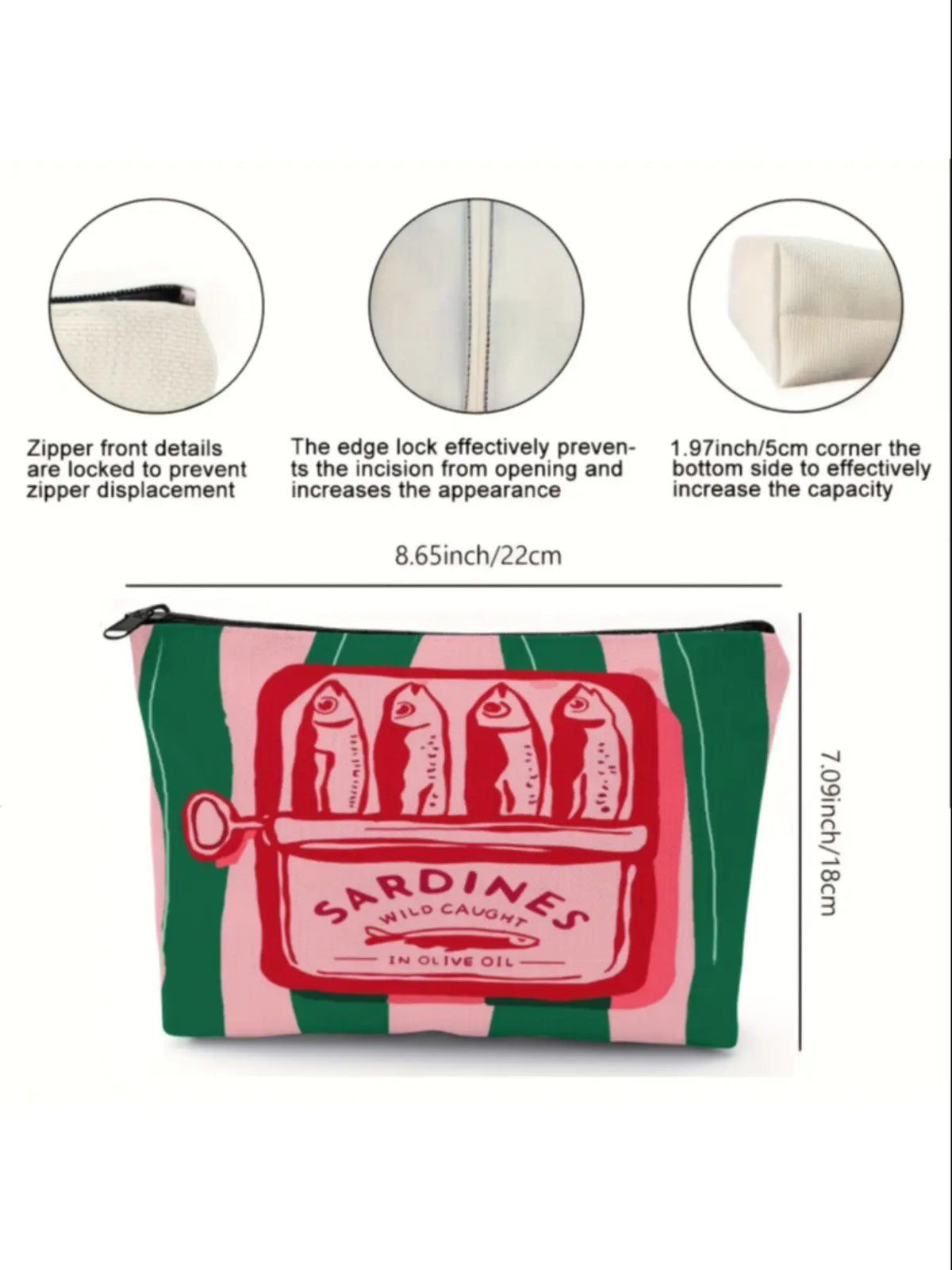 Vintage Sardine Pattern Makeup Bag, Cosmetic Bag, Foldable Zipper Pouch, Unisex Travel Organizer, Gift for All Occasions, Cartoon Design