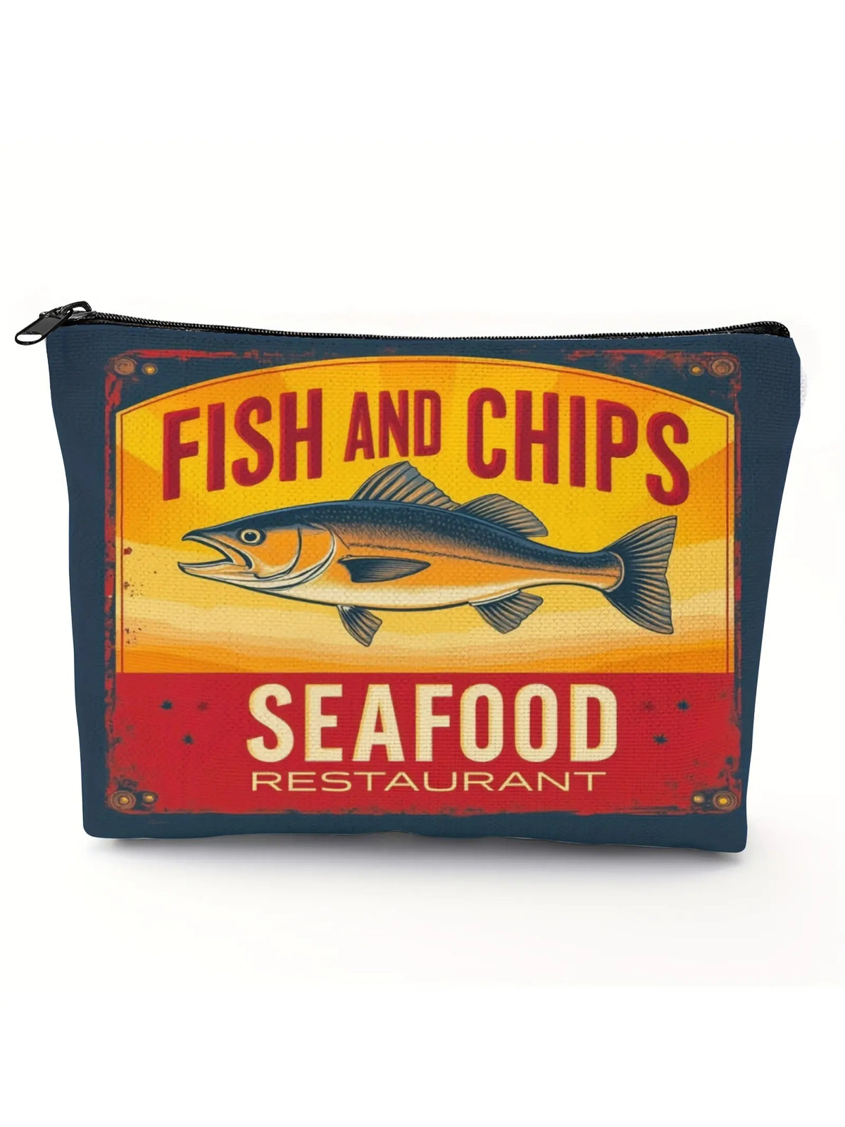Vintage Sardine Pattern Makeup Bag, Cosmetic Bag, Foldable Zipper Pouch, Unisex Travel Organizer, Gift for All Occasions, Cartoon Design